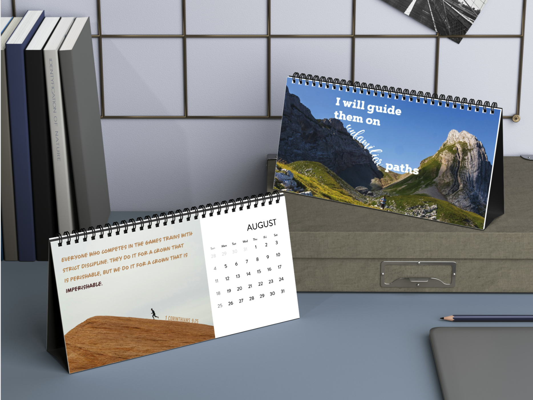2024 Bible Verse Desktop Calendar sits on a desk 